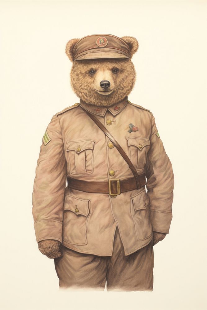 Bear character wearing british soldier uniform drawing sketch coat.