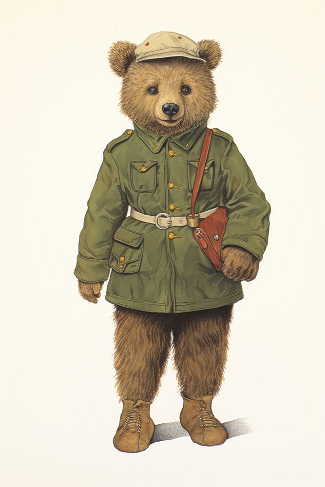 Bear character wearing british soldier uniform sketch mammal representation.