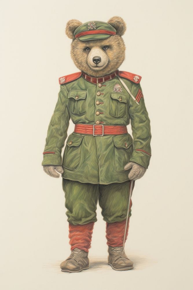 Bear character wearing british soldier costume drawing sketch representation.