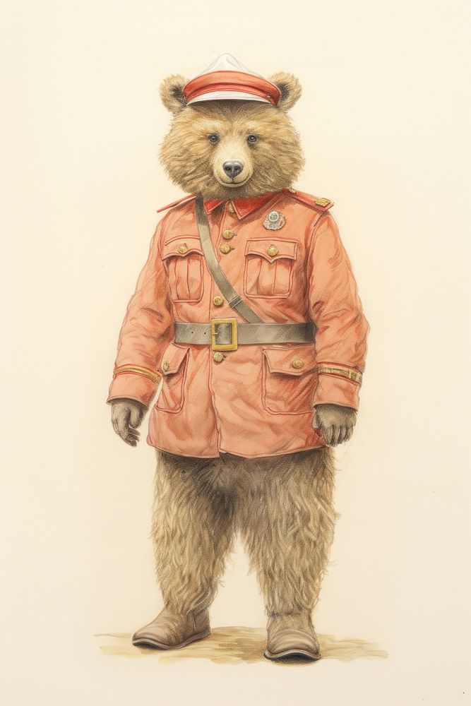 Bear character wearing british soldier costume drawing mammal animal.
