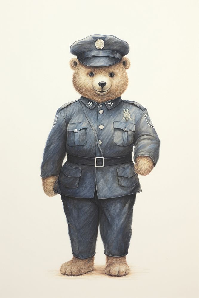 Bear character wearing police costume toy representation protection.