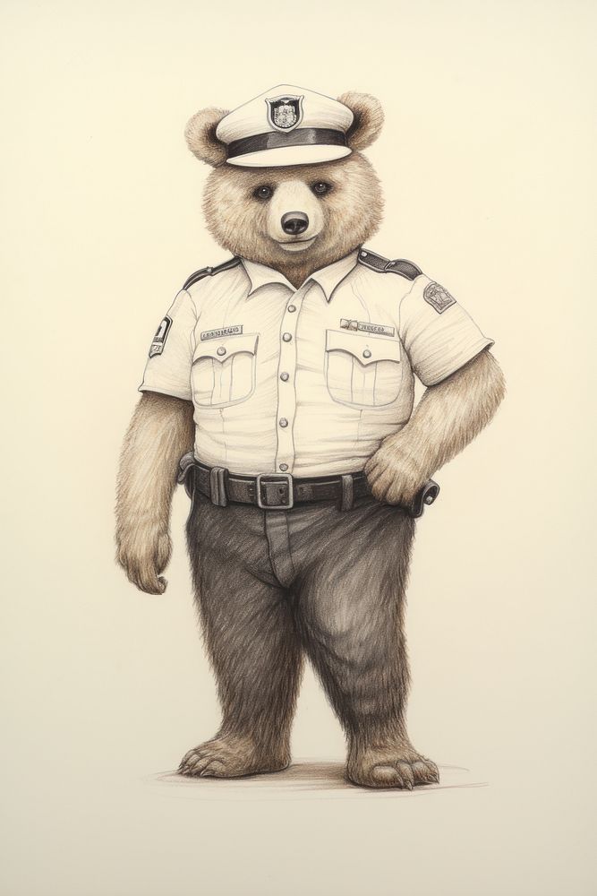 Bear character wearing police costume drawing sketch representation.