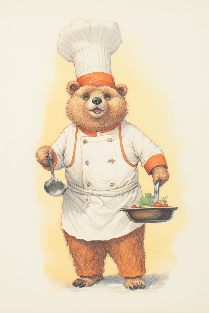 Bear chef character holding fry pan drawing sketch cook.