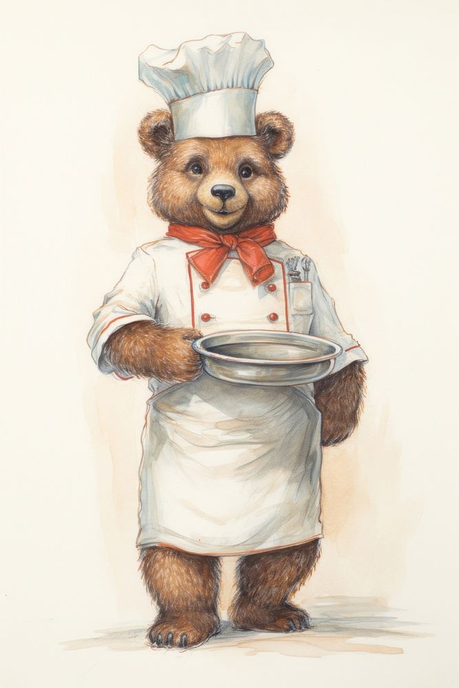 Bear chef character holding fry pan portrait drawing sketch.