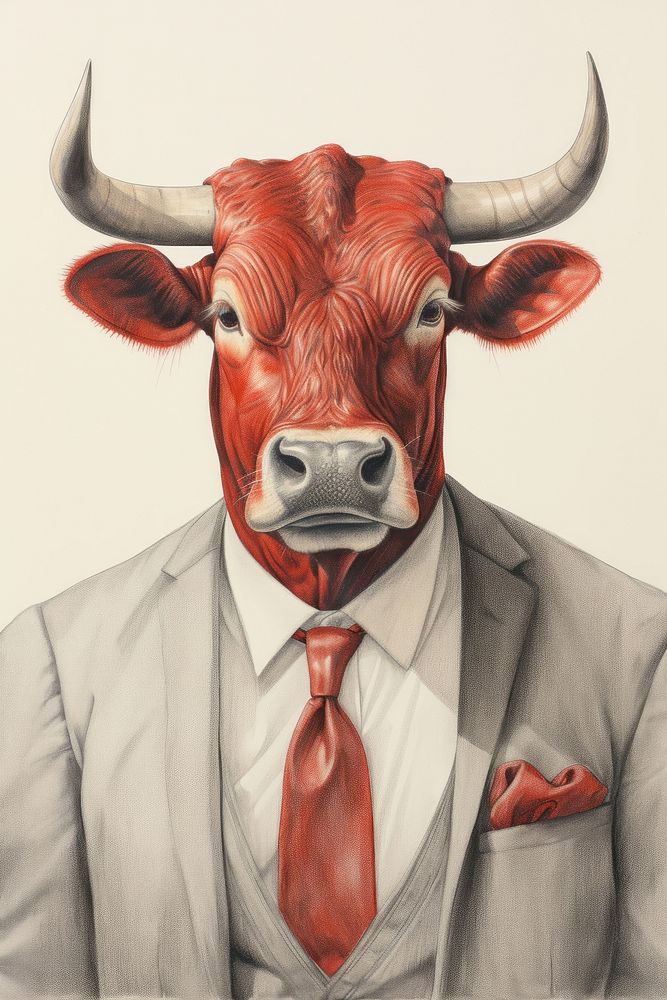 Bull character businessman livestock drawing cattle.
