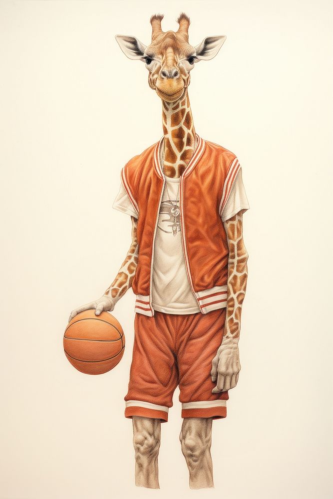 Giraffe character playing basketball drawing sports sketch.