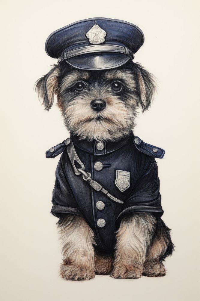 Dog character wearing police costume drawing sketch portrait.