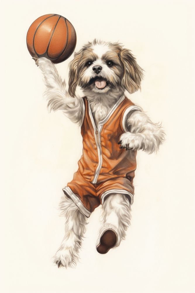 Dog character playing basketball drawing sketch mammal.