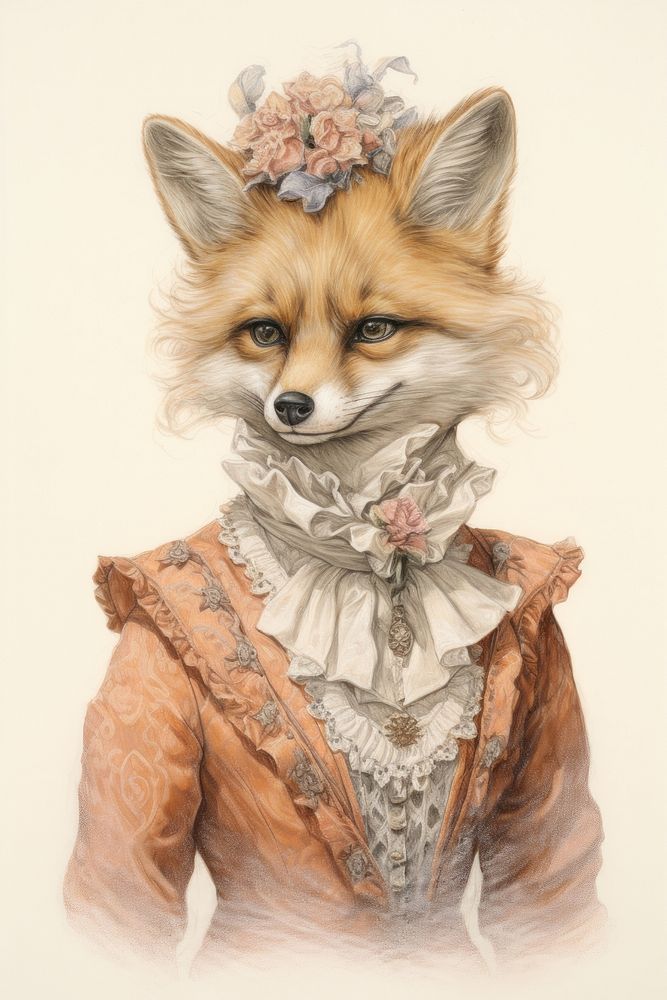 Fox character wearing vintage victorian costume drawing animal mammal.
