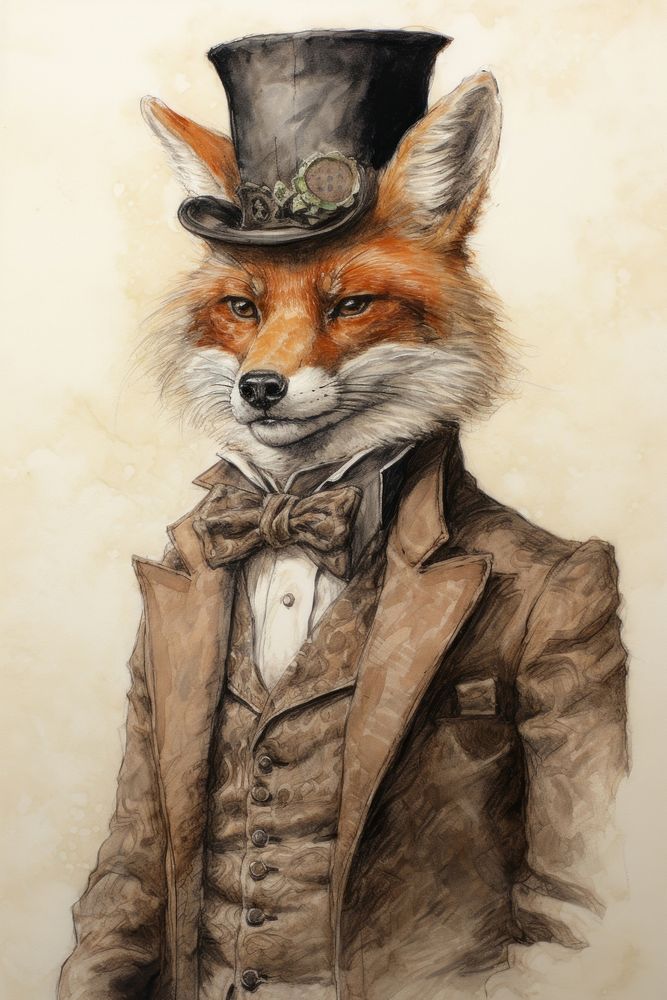 Fox character wearing vintage victorian costume drawing animal mammal.