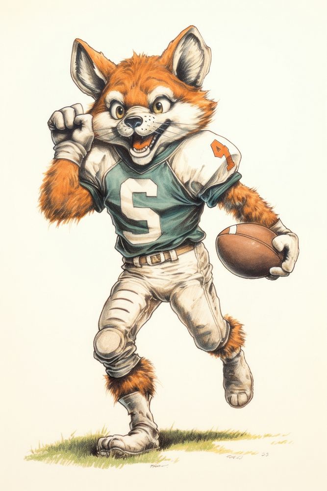 Fox character playing american football drawing sports sketch.