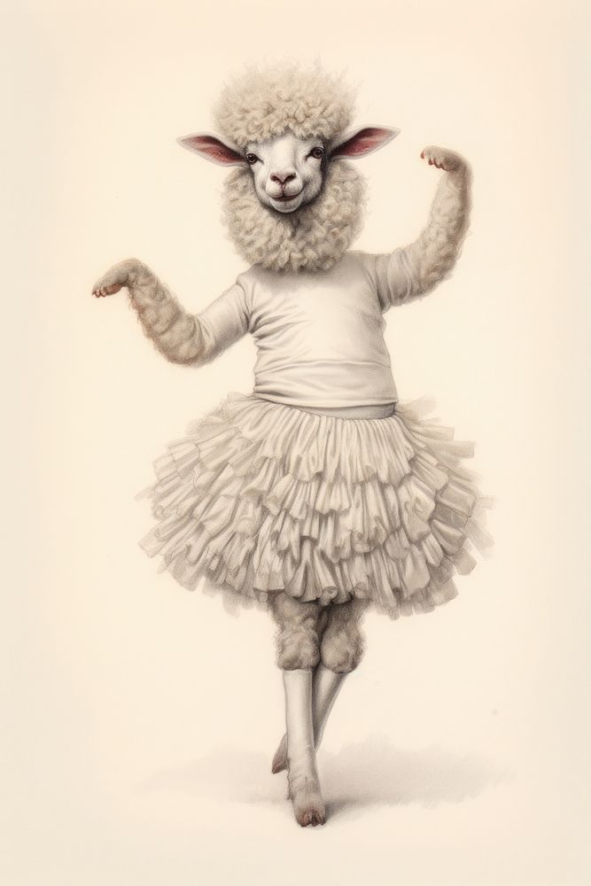 Sheep character ballet dancing livestock portrait drawing.
