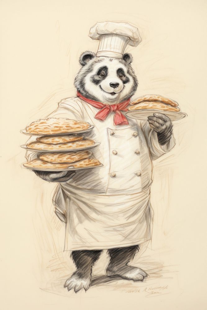 Panda baker character holding bread drawing sketch portrait.