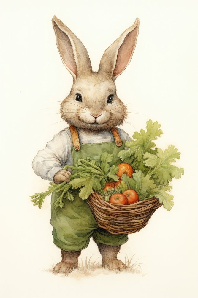 Rabbit character holding vegetable basket drawing mammal sketch.
