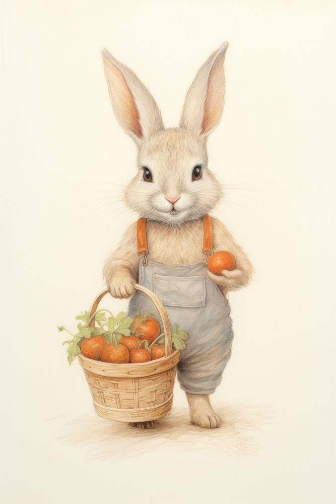 Rabbit character holding carrot basket drawing rodent mammal.