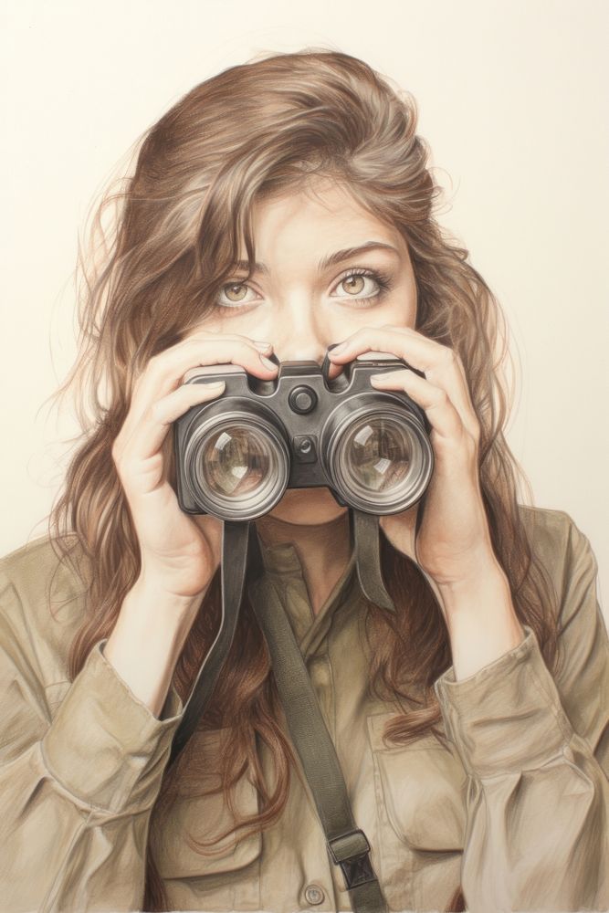 Woman using binoculars portrait drawing camera.