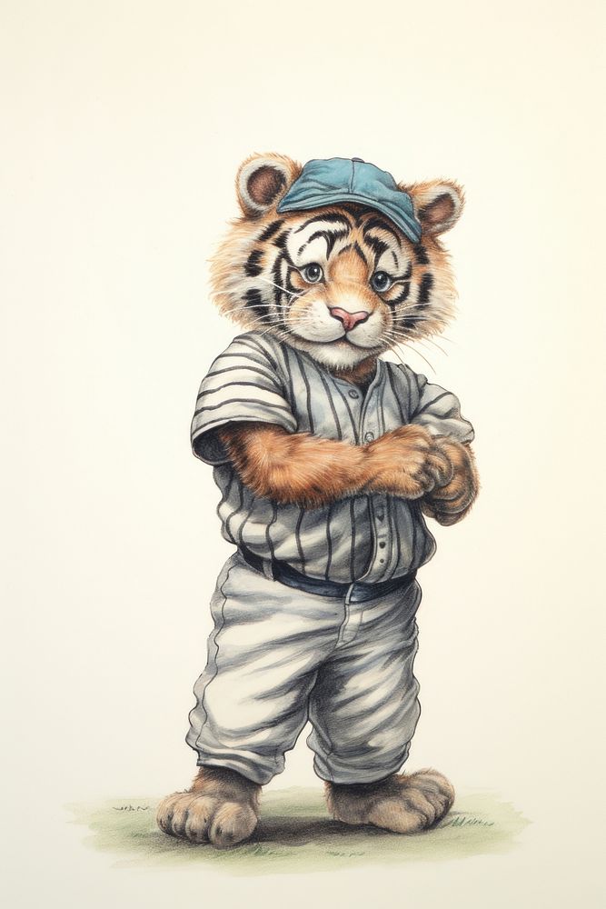 Tiger character playing baseball drawing sketch portrait.