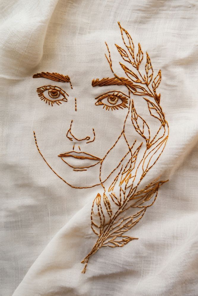Simple line art woman embroidery pattern textile.