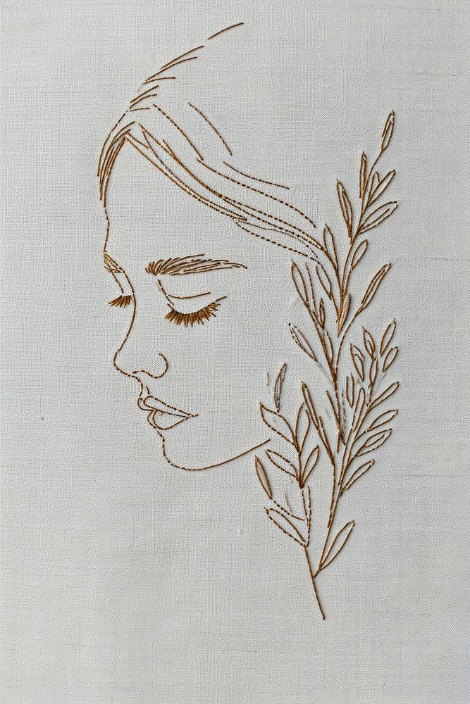 Simple line art woman embroidery pattern drawing.