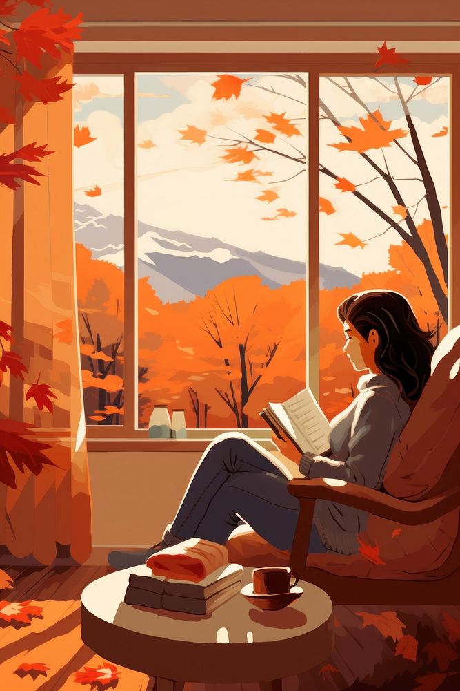 Girl reading book furniture window autumn. AI generated Image by rawpixel.
