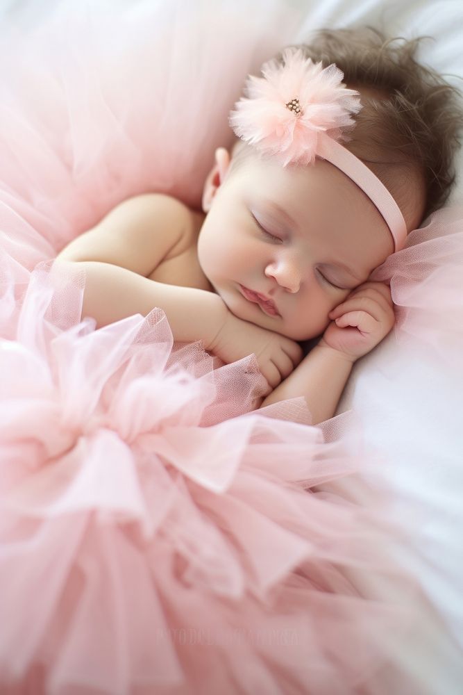 Newborn baby girl sleeping portrait photo.