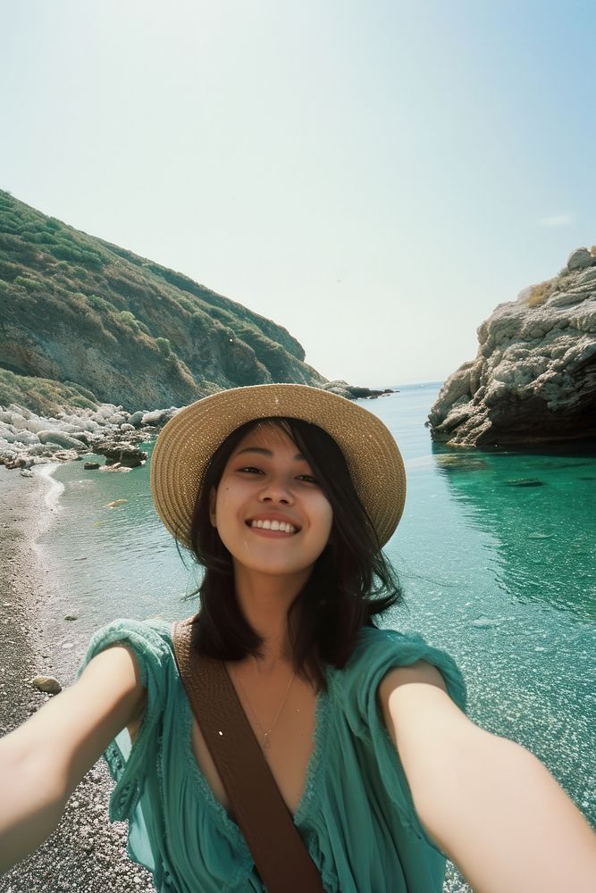 Japanese woman selfie summer beach portrait.