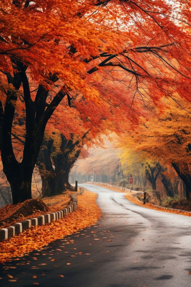 Maple tree autumn road tranquility. AI generated Image by rawpixel.