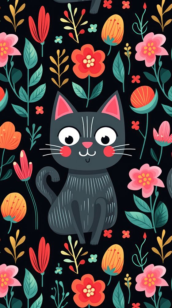 Cat and flower pattern art cartoon.