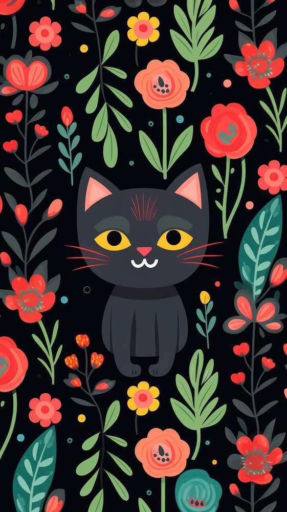 Cat and flower pattern cartoon wallpaper.