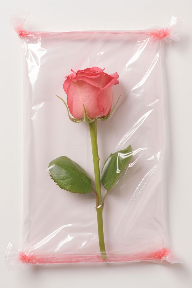 Plastic wrapping over a rose flower plant white background.