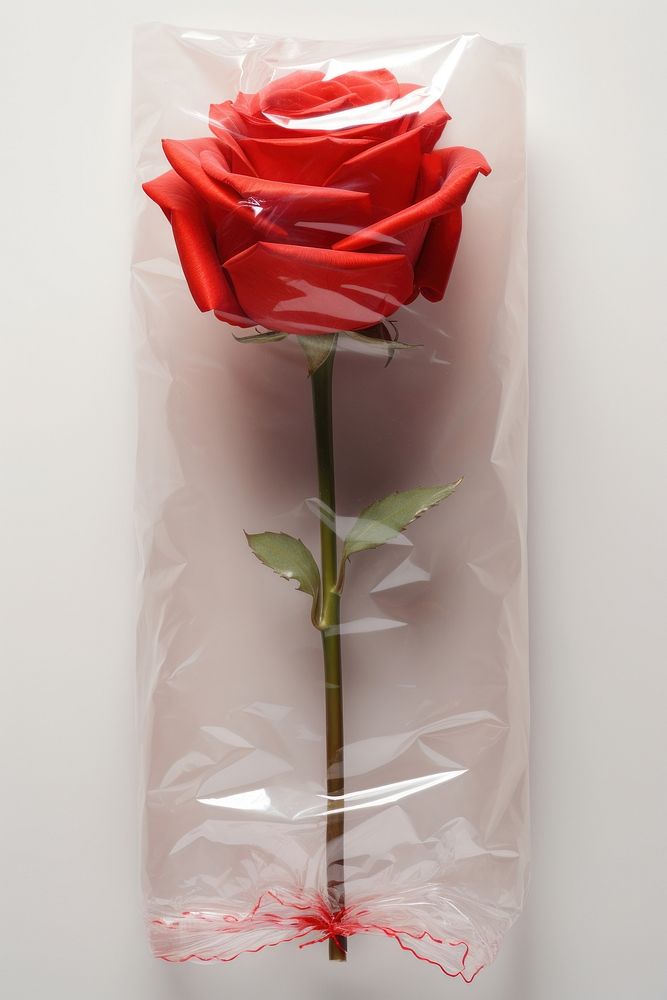 Plastic wrapping over a rose flower petal plant.