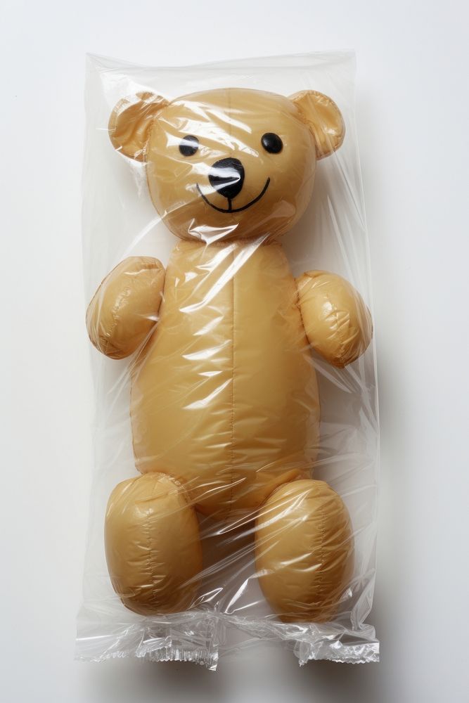 Plastic wrapping over a teddy bear toy white background representation.