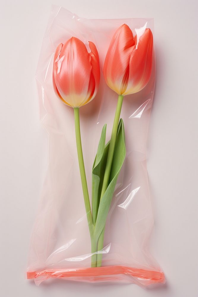Plastic wrapping over a tulip flower plant inflorescence.