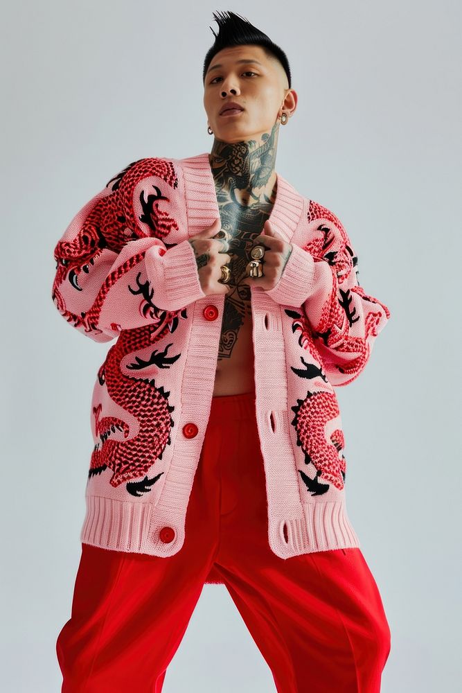 Pink dragon knit cardigan standing tattoo adult.