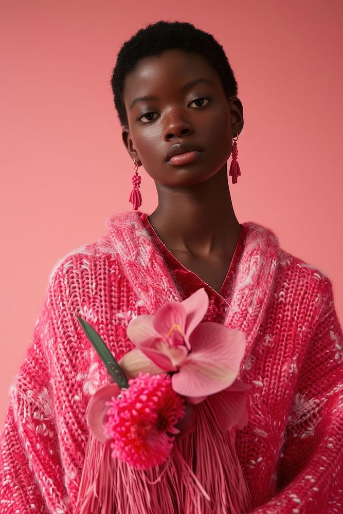 Pink cardigan portrait fashion flower.