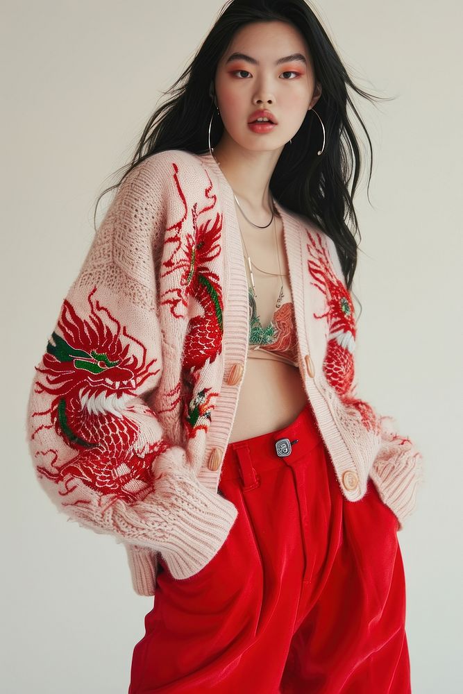 Pink dragon knit cardigan standing sweater red.