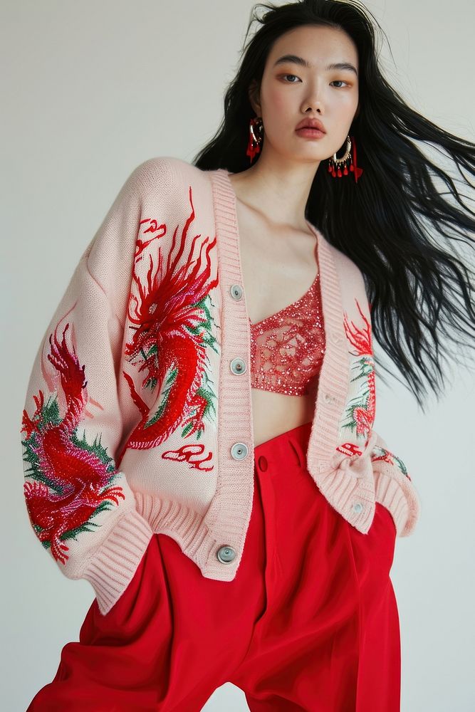 Pink dragon knit cardigan standing red individuality.