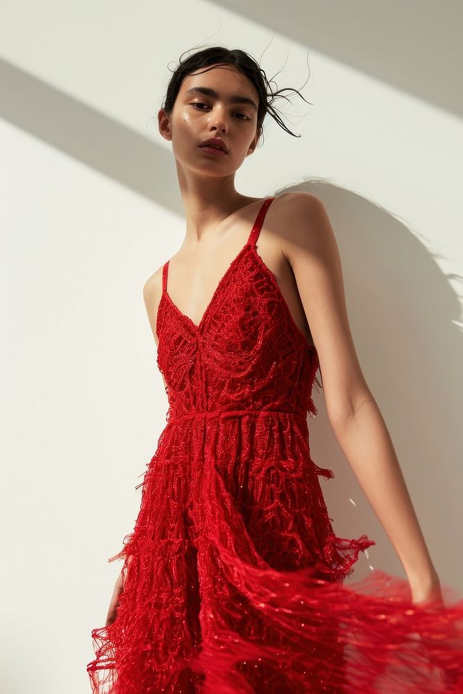 Red spaghetti strap dress fashion standing adult.