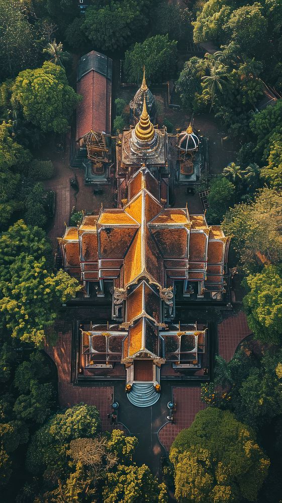 Aerial top down view of Thai Church architecture building outdoors.