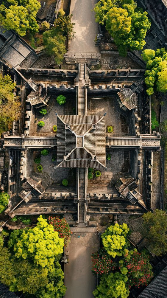 Aerial top down view of Asian Castle architecture outdoors building.