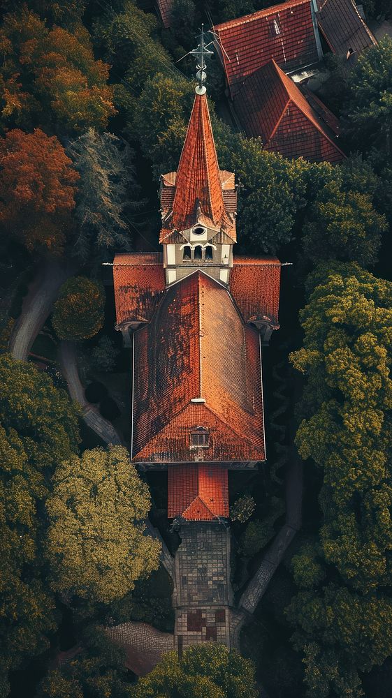 Aerial top down view of Church architecture landscape building.