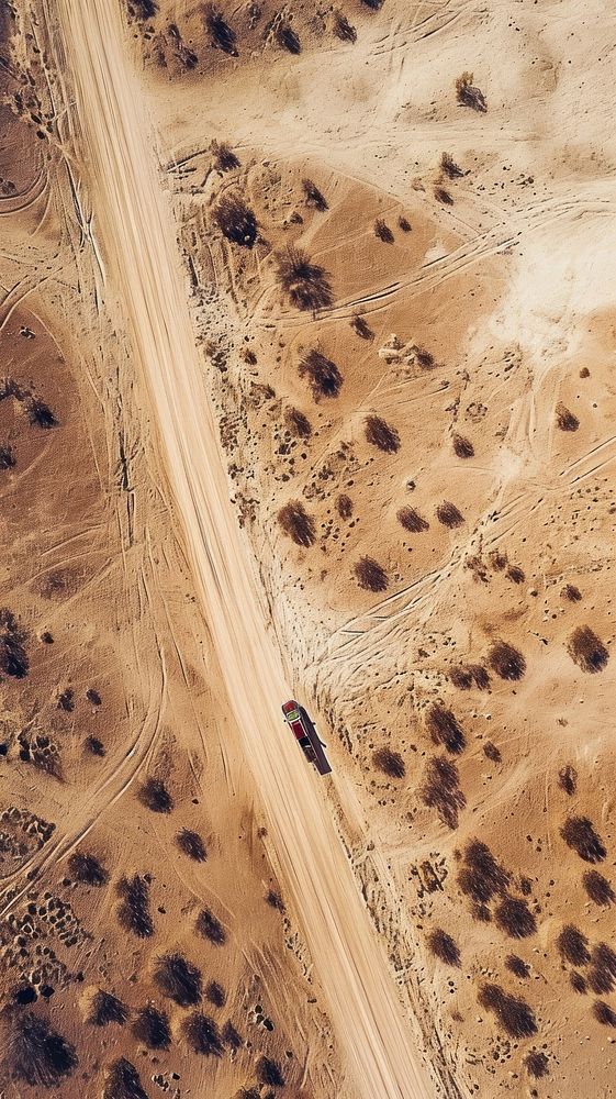 Aerial top down view of Desert landscape outdoors vehicle.