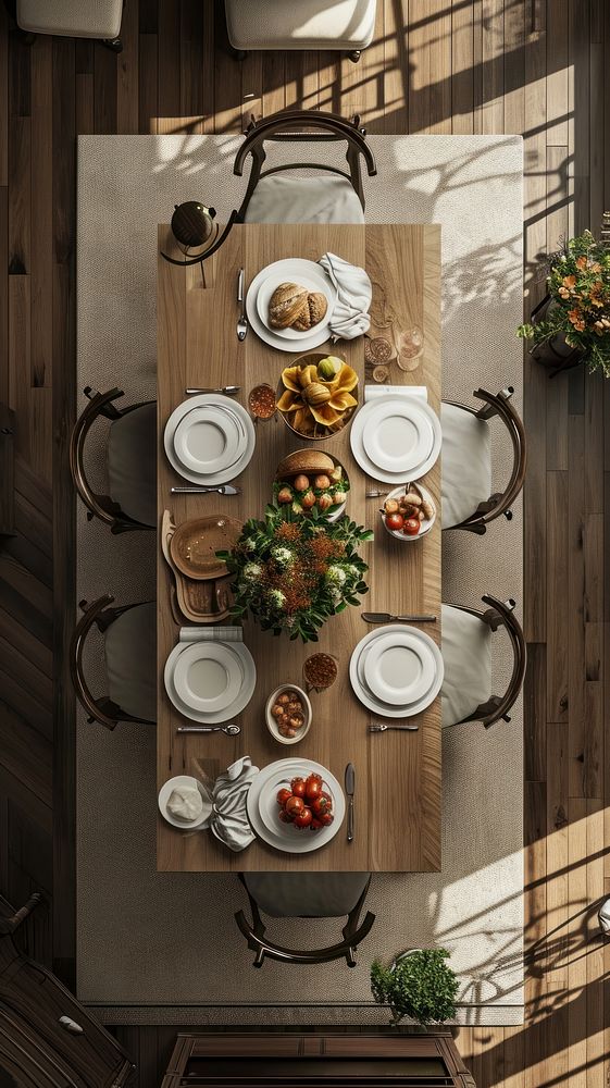 Aerial top down view of Dining room furniture brunch table.