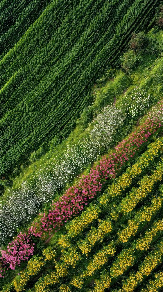 Aerial top down view of Flower field vegetation landscape outdoors.