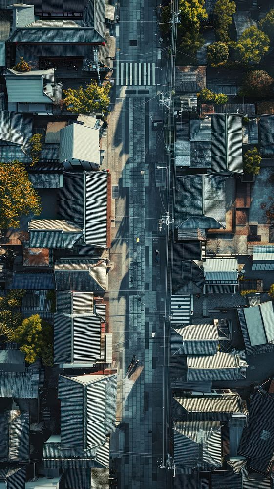 Aerial top down view of Japan town architecture cityscape outdoors.