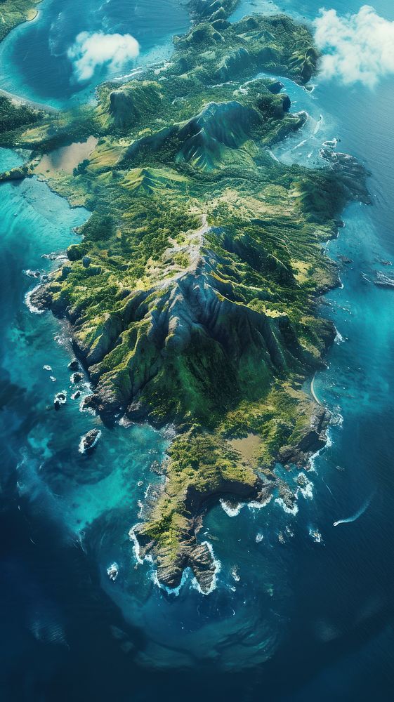 Aerial top down view of largest island landscape outdoors nature.