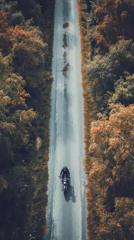 Aerial top down view of motorcycle driving in country road landscape outdoors vehicle.