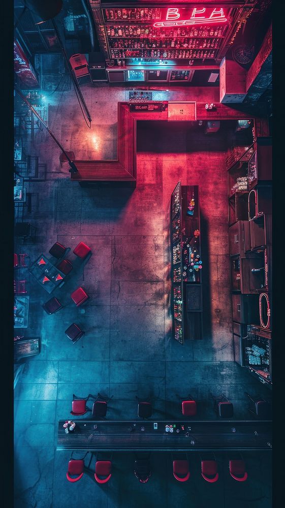 Aerial top down view of Neon Bar bar transportation architecture.