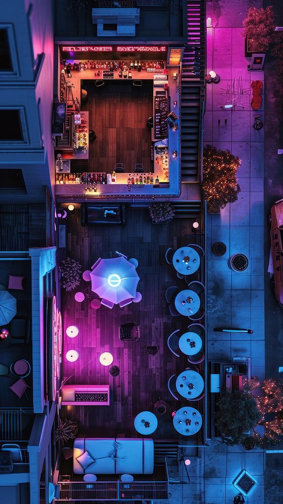 Aerial top down view of Neon Bar city bar transportation.
