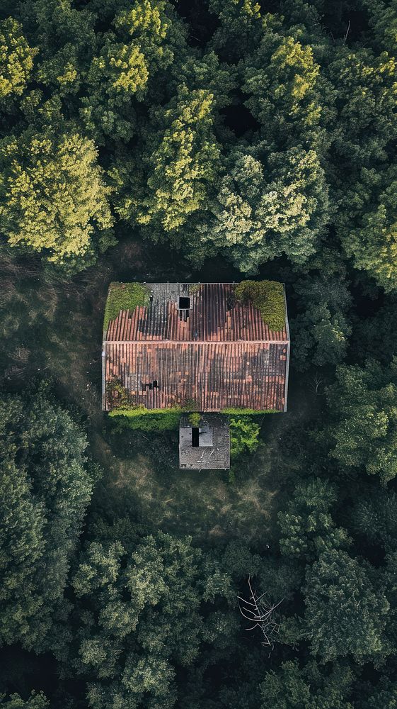 Aerial top down view of Old house architecture landscape outdoors.